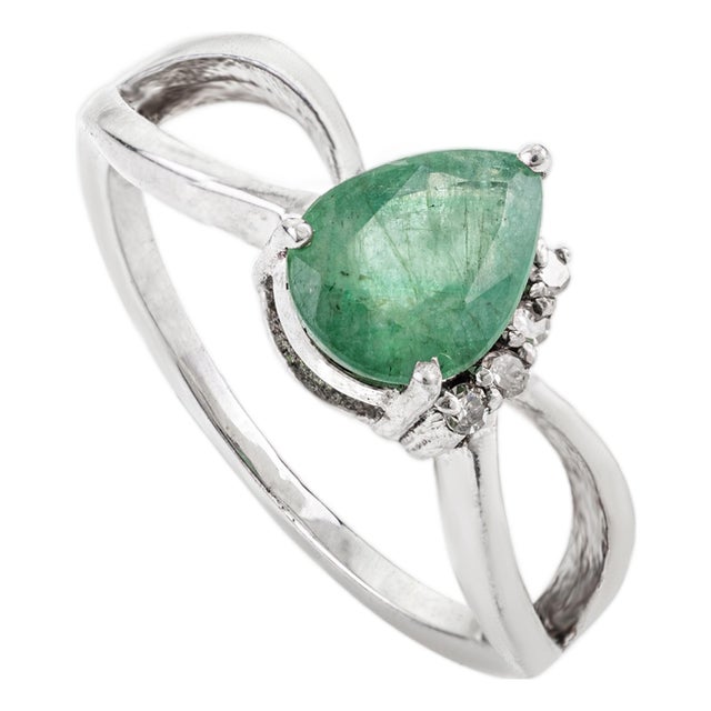Handcrafted Pear Emerald Swirl Ring With Half-Surrounding Diamond Set in Solid Silver - Size 7 For Sale