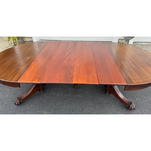 Antique 54" Round Mahogany Pedestal Base Dining Table With 4 Leaves For Sale - Image 9 of 16