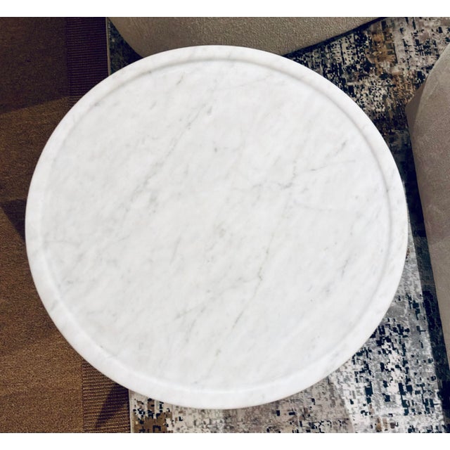 Original retail $4791, timeless Baker Modern Solid Carrara Marble Vesuvio End Table, showroom floor sample