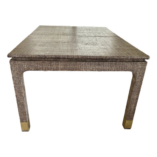 1970s Harrison Van Horn Natural Grasscloth Dining Table With 2 Leaf Extensions For Sale