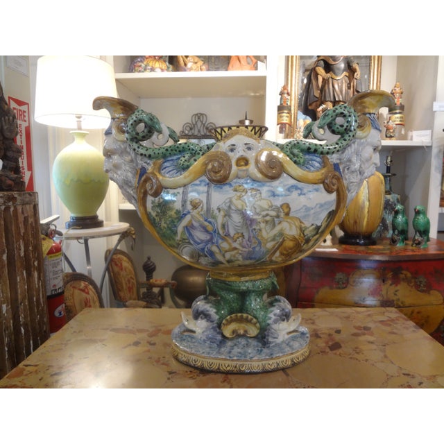 Early 20th Century Italian Majolica Urn. This Gorgeous Italian Majolica Or Maiolica Urn Or Jardiniere Is Hand Decorated...