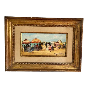 1940s Suzanne Demarest French Oil Painting on Canvas Beach Scene With Umbrellas and Flag