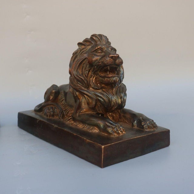 Early 20th Century Pair of Antique Brass Recumbent Lions – 11" Library Lions on Rectangular Plinths For Sale - Image 5 of 10