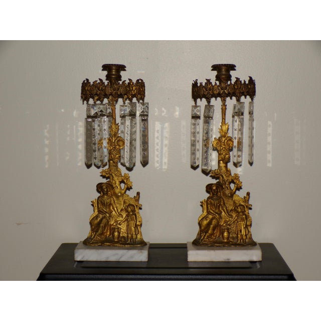 Victorian Pair Antique Victorian Girandoles Brass Marble Crystal Candelabra Candle Holders For Sale - Image 3 of 15