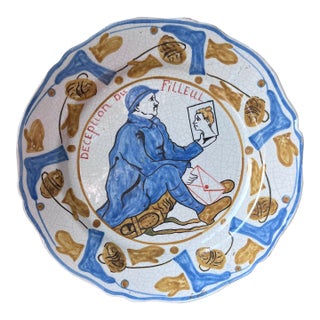 Antique 1917 Hr Quimper Assiettes Du Cercle Du Soldat/Circle of the Soldier of the 6th Arrt Faience Plate Deception Du Filleul/Godson's Disappointment For Sale