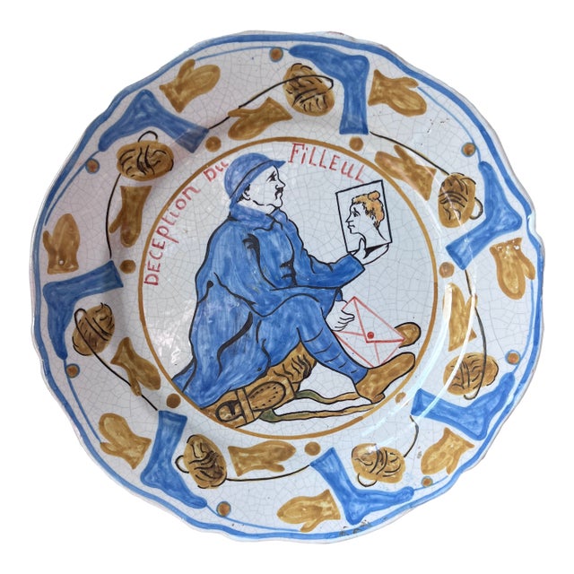 Antique 1917 Hr Quimper Assiettes Du Cercle Du Soldat/Circle of the Soldier of the 6th Arrt Faience Plate Deception Du Filleul/Godson's Disappointment For Sale