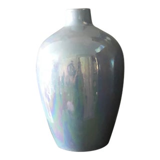 Opalescent Glaze Large Modernist Aqua Studio Pottery Vase For Sale
