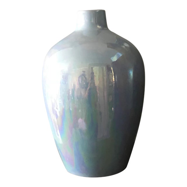 Opalescent Glaze Large Modernist Aqua Studio Pottery Vase For Sale