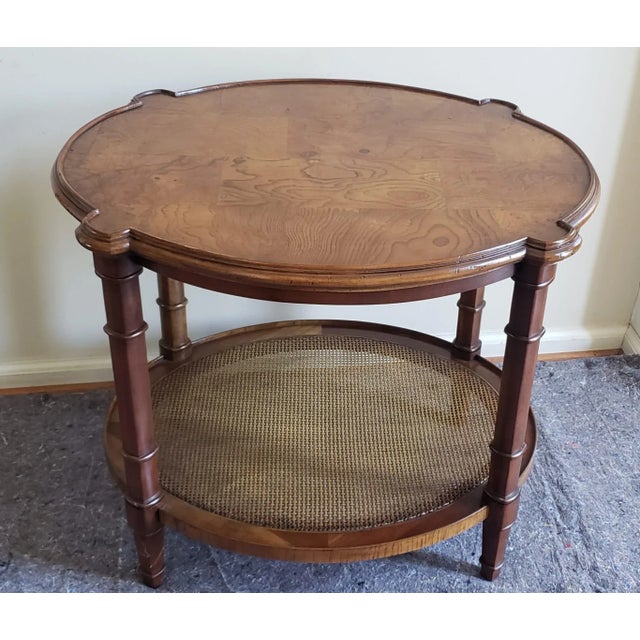 Mid 20th Century Mid-Century Burl Walnut and Cane Two-Tier Side Table With Pull-Out Tray For Sale - Image 5 of 7