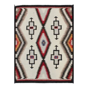 Antique Hand Woven Navajo Style Rug in Gray, Ivory, Black, Orange, and Red