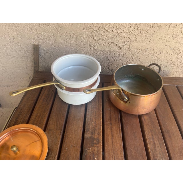 Farmhouse Farmhouse Copper Double Boiler Porcelain Insert, & Brass Handles For Sale - Image 3 of 7