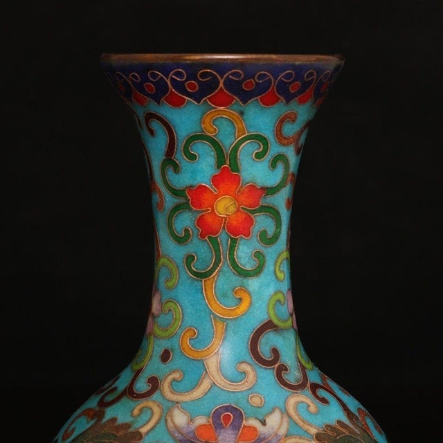 Late 19th Century Late 19th Century Pair of Turquoise Cloisonné Enamel Lotus Vases For Sale - Image 5 of 9