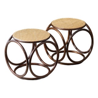 Pair of Vintage Modernist Bent Rattan & Cane Stools / Side Tables, 1970s For Sale