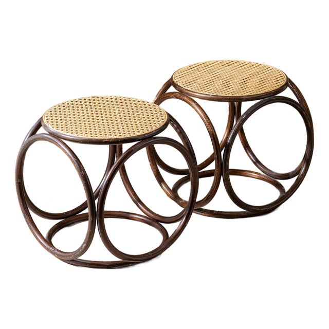 Pair of Vintage Modernist Bent Rattan & Cane Stools / Side Tables, 1970s For Sale