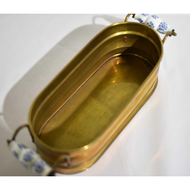 Gold Vintage Brass Herb Planters With Blue & White Ceramic Handles - A Pair For Sale - Image 8 of 12