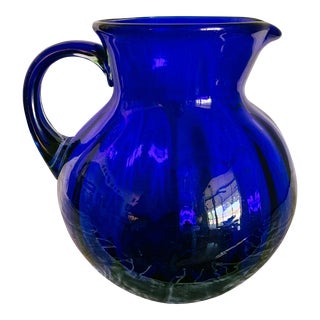 Vintage Large Optic Cobalt Hand Blown Glass Pitcher For Sale