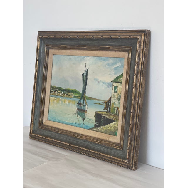 1970s Title Vintage Framed Painting Depicting a Boat Scene For Sale - Image 4 of 4