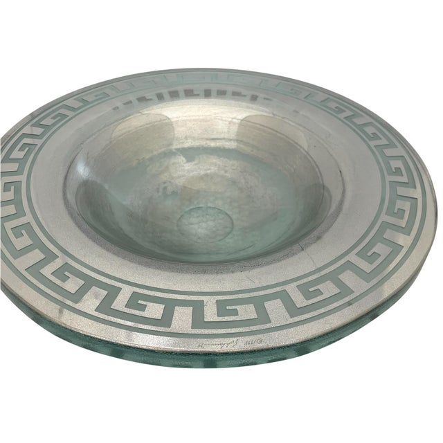 1990s Stephen Schlanser 16'' Diameter Silver Glass Bowl Centerpiece Greek Key. Signed For Sale - Image 5 of 10