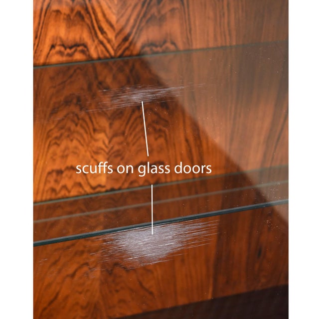 Danish Rosewood Glass Door Lighted China Cabinet Bookcase With Carved Pulls For Sale - Image 11 of 11