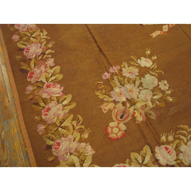 Brown 1830s Brown Floral Antique French Empire Aubusson Carpet 8' X 9'3" Flatweave Wool Rug For Sale - Image 8 of 9