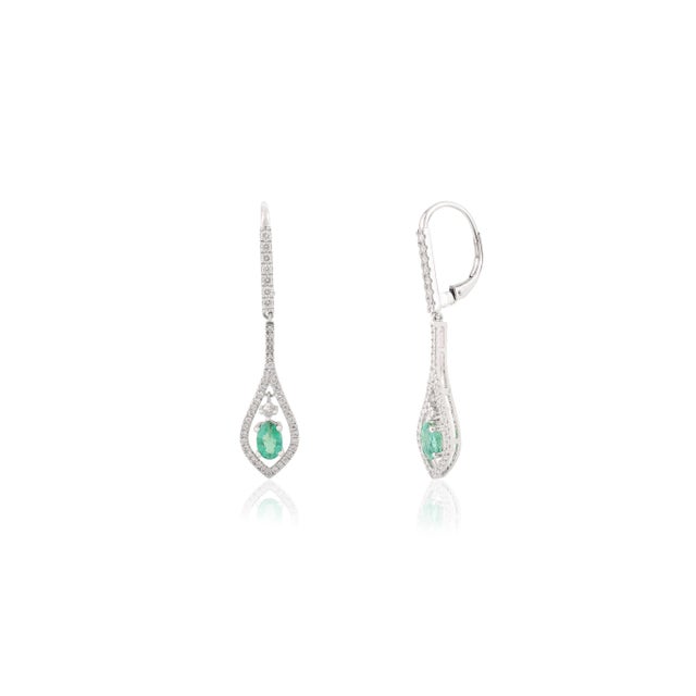 Modern 14k Gold Modern Emerald and Halo Diamonds Drop & Dangle Earrings- A Pair For Sale - Image 3 of 11
