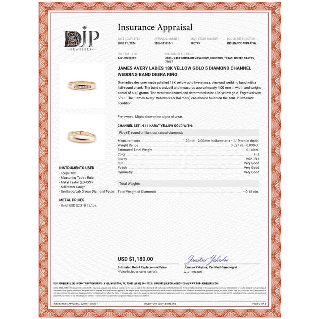 James Avery Ladies 18k Yellow Gold 5 Diamond Channel Wedding Band Debra ...
