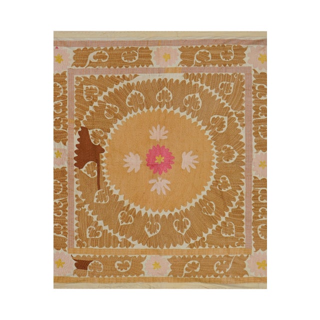 1960s Suzani White Washed Pale Tribal Tapestry - Camel Uzbek Table Cloth 4'3'' X 4'6'' For Sale - Image 5 of 14