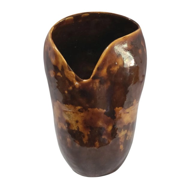 20th Mid-Century Modern Art Glazed Studio Pottery Brown Vase For Sale - Image 9 of 9