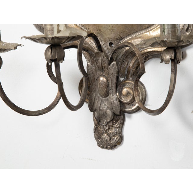 Metal Pair of 19th Century Italian Rococo Style Tin Candle Sconces with Feather Motifs For Sale - Image 7 of 9