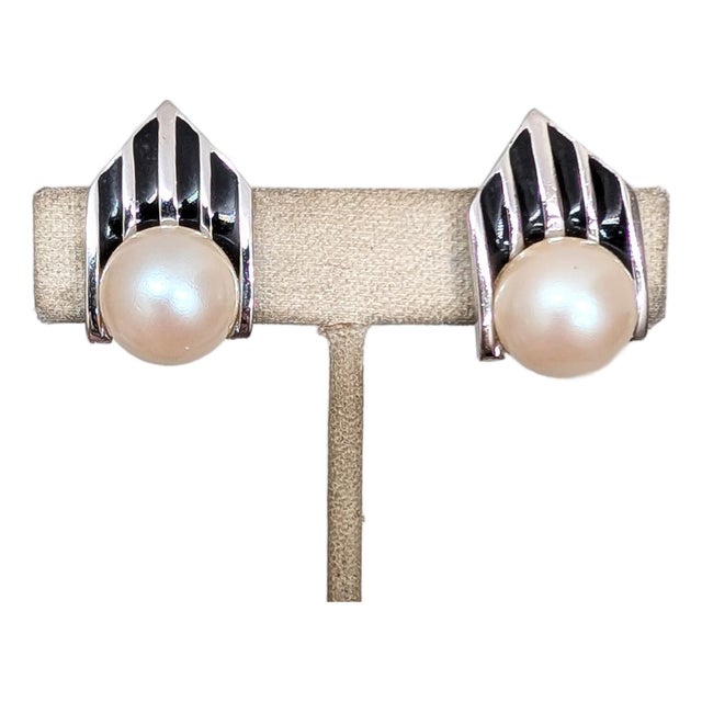 Vintage 1980s Signed Givenchy Art Deco Style Striped Faux-Pearl Clip Earrings-2 Pieces For Sale