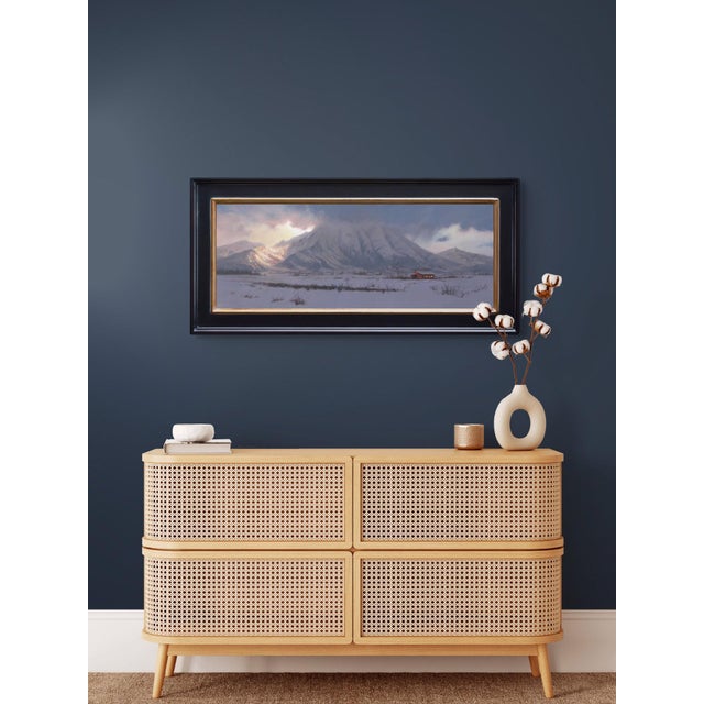 Out in the Cold by Mark Harrison | Oil on Canvas Landscape with a cabin in a snowy mountain scene For Sale - Image 4 of 5