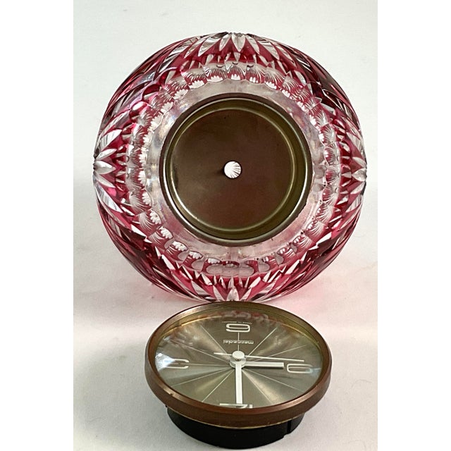 1960s Mercedes-Benz, Orb Shaped Cranberry Glass, Cut to Clear, Desktop Clock For Sale - Image 5 of 8