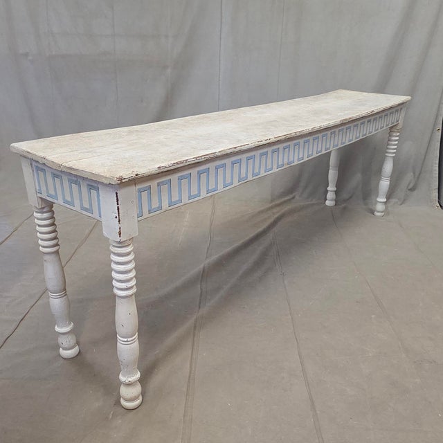 An absolutely charming antique late 1800s or early 1900s rustic French pine and hardwood console table with turned legs....