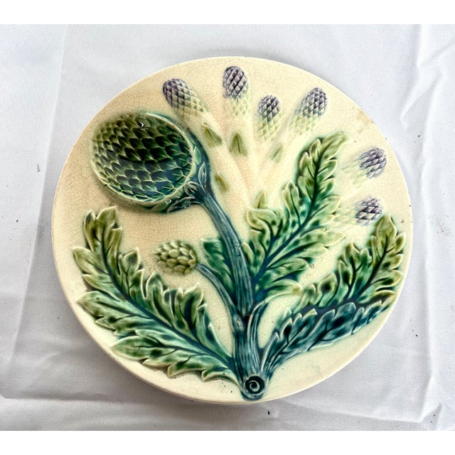 Antique Late 1800s Luneville Barbotine Majolica Asparagus and Artichoke Plate For Sale - Image 10 of 13
