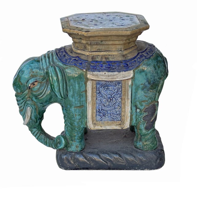 Ceramic Handmade Chinese Green Blue Oriental Elephant Pedestal Figure For Sale - Image 4 of 8