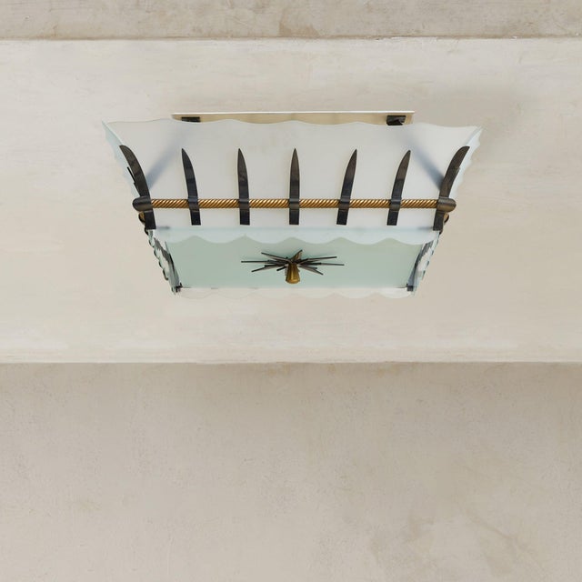 Modern French Bronze + Frosted Glass Flush Mount by Sabino for Dominique, 1950s For Sale - Image 3 of 10