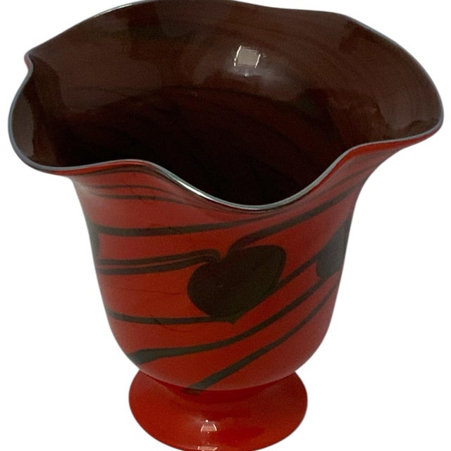 Vintage Hand Blown Studio Art Cased Glass Heart & Vine Ruffled Applied Bottom Vessel C. 1970s For Sale - Image 4 of 7