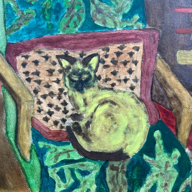 1970s Vintage Framed American School Painting of an Interior With Siamese Cat For Sale - Image 5 of 5