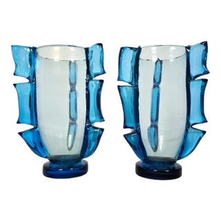 1980s Pair of Blue Murano Glass Vases For Sale