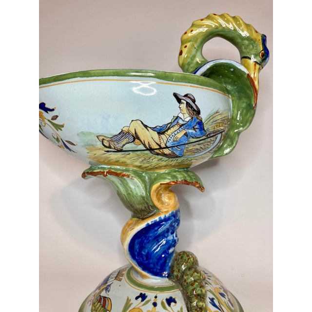 Late 19th Century Antique French Quimper Porquier-Beau Footed Compote With Swan Handle For Sale - Image 5 of 16