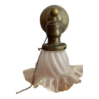 Antique Industrial Brass Wall Sconce With Frosted Ruffle Shade For Sale