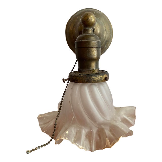 Antique Industrial Brass Wall Sconce With Frosted Ruffle Shade For Sale
