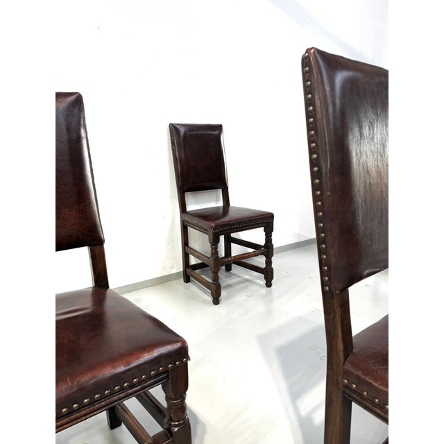 Vintage French Castle Chairs in Brown Leather and Oak, 1960s, Set of 6 For Sale - Image 17 of 18