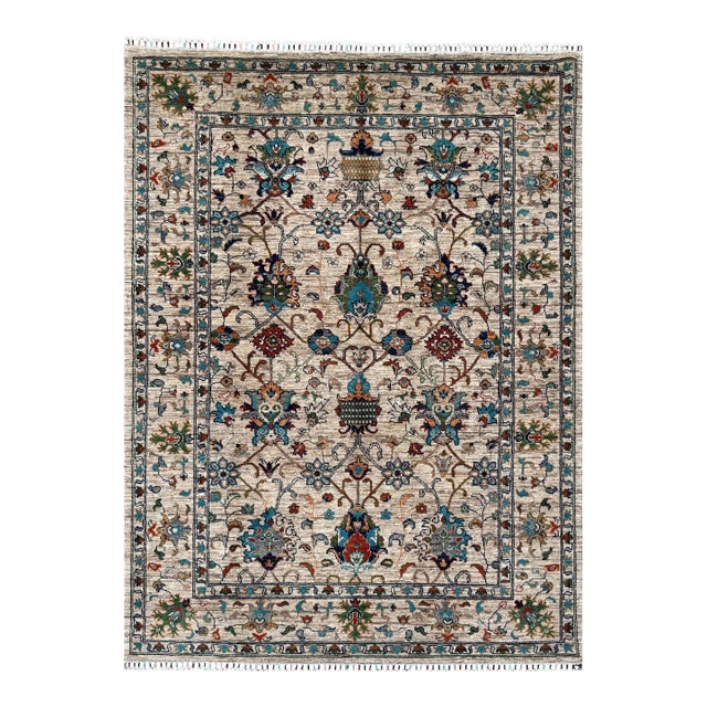 Vase Design Area Rug, Hand-Knotted Wool, Floral, 6x8, Ivory & Turquoise For Sale