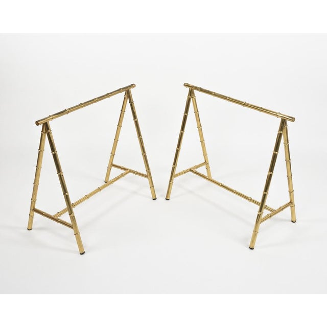 Midcentury amazing pair of table or desk bases in brass faux bamboo by Maison Jansen. Made in France in the 1970s. This...