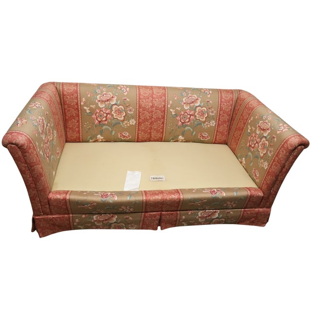 Wood Vintage Henredon Schoonbeck Floral Upholstered Loveseat With Rolled Arms For Sale - Image 7 of 9