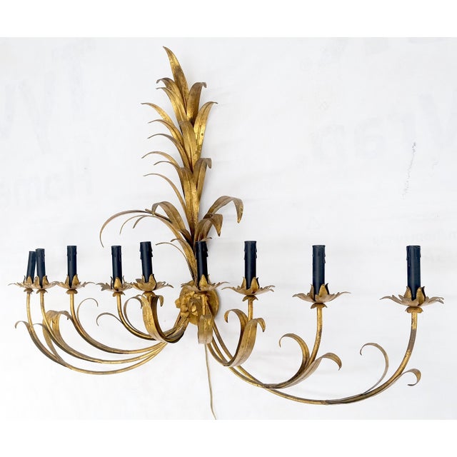 9 "Candles" Light Gilt Metal Sheaf of Leaves Motive Italian Wall Sconce MINT! For Sale - Image 10 of 12