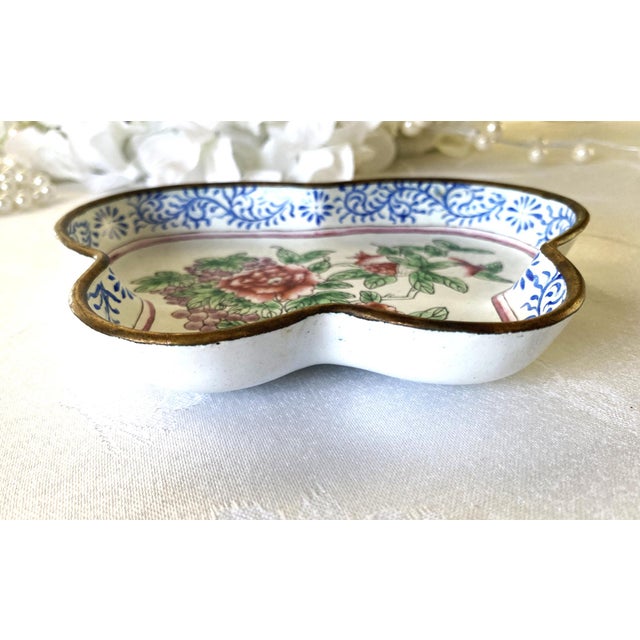 C1950 Chinese Enameled Butterfly-Shape Pin Tray, Peonies, Polychrome Enamel 6" For Sale - Image 11 of 15