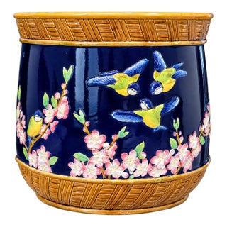Antique English Victorian George Jones & Sons Majolica Jardinière, Blue Birds & Blooms, Circa 1875 For Sale
