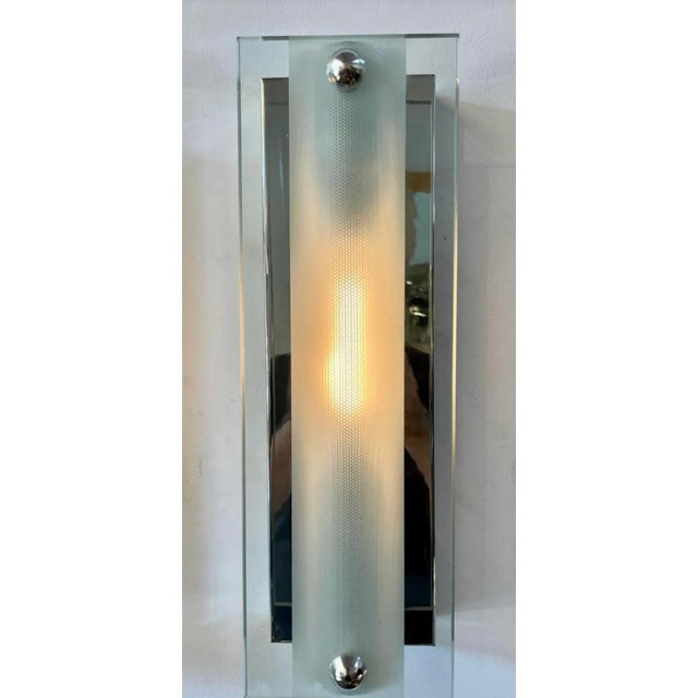 Mid-Century Modern Pair of Mid Century Modern Art Deco Glass & Chrome Wall Sconces For Sale - Image 3 of 4